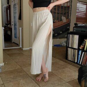 Linen Pants with Elastic Waist and Side Slit Size L